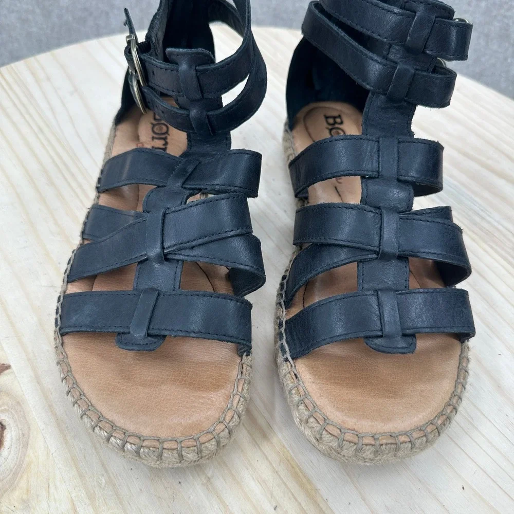 Born San Jacinto Sandals Women Size 7 Black Leather Espadrille Gladiator Strappy